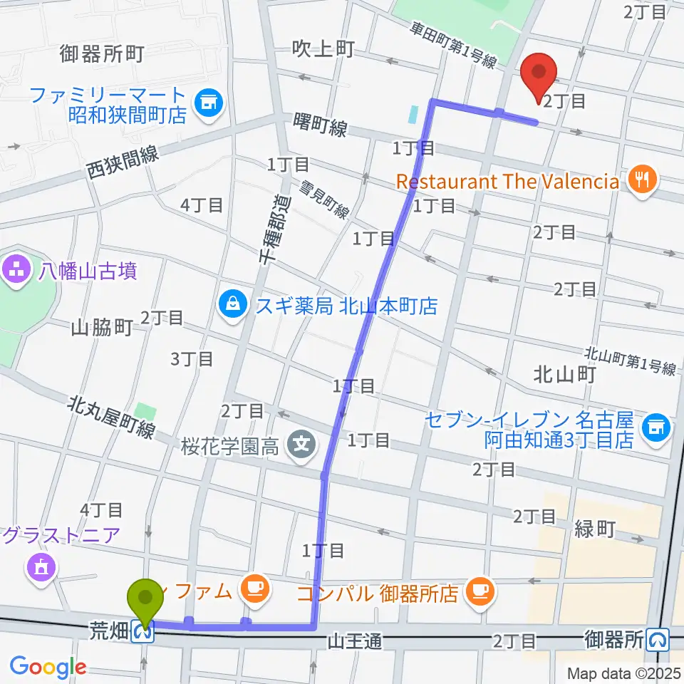 荒畑駅から矢橋幸男ボサノヴァ＆クラシックギター教室へのルートマップ地図