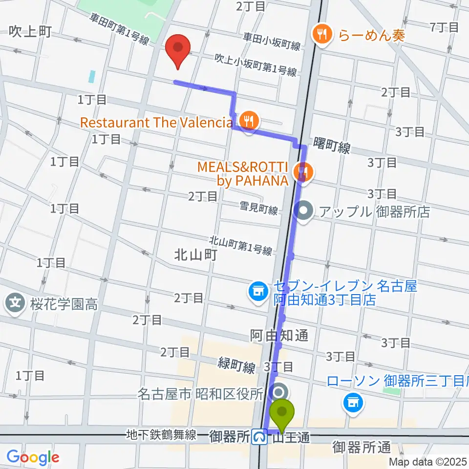 御器所駅から矢橋幸男ボサノヴァ＆クラシックギター教室へのルートマップ地図