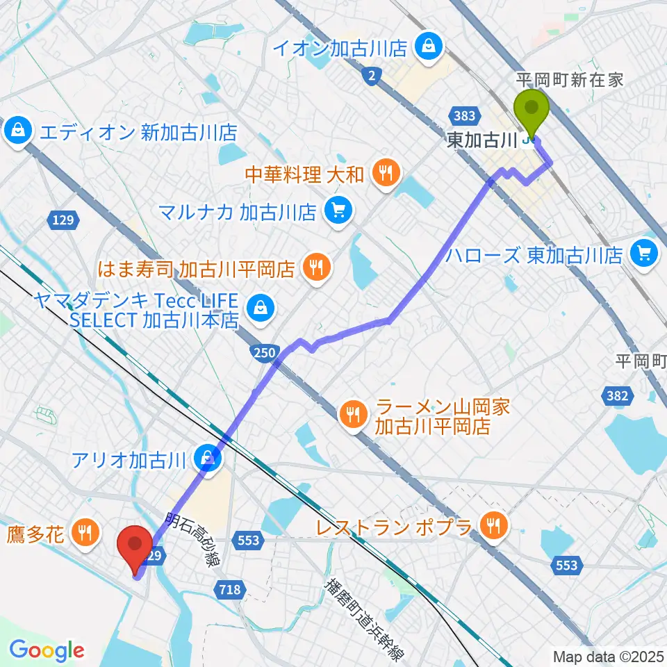 東加古川駅から井上昌ギター教室へのルートマップ地図