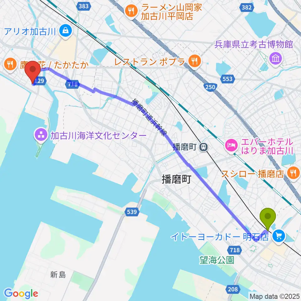 西二見駅から井上昌ギター教室へのルートマップ地図