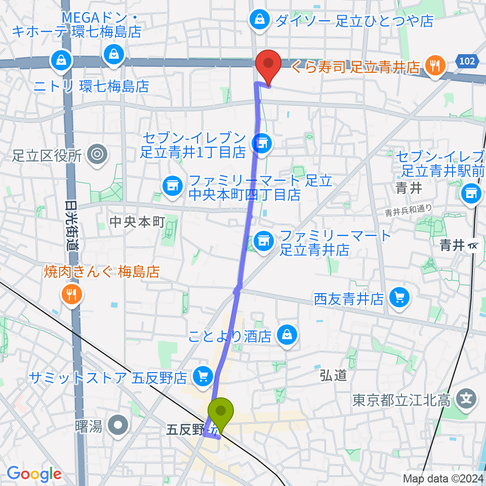 五反野駅からラブピアノ教室へのルートマップ地図