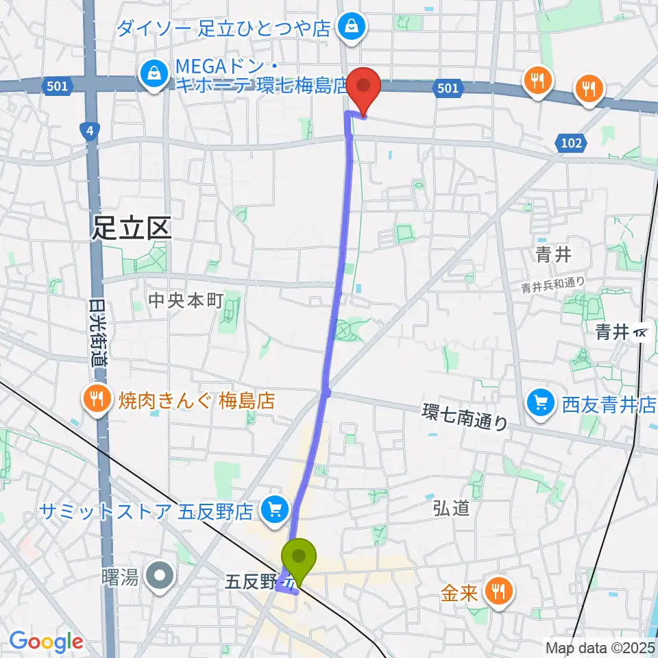 五反野駅からラブピアノ教室へのルートマップ地図