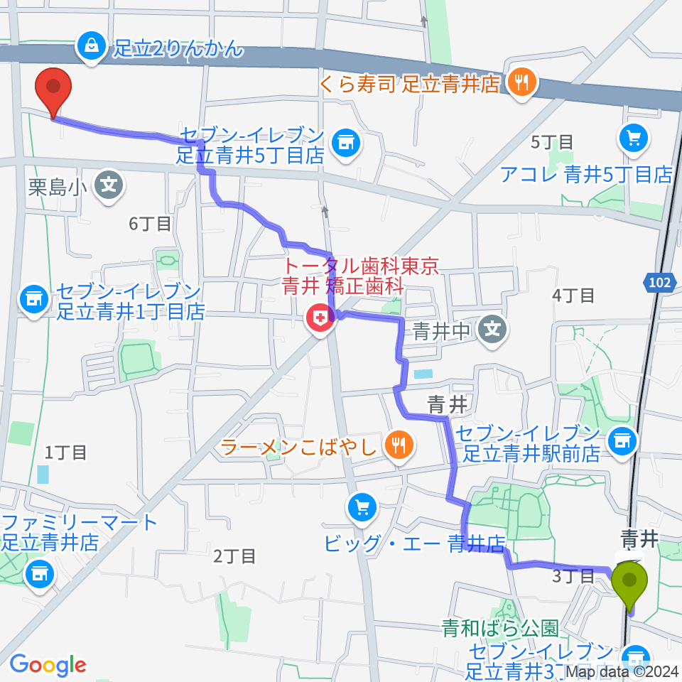 ラブピアノ教室の最寄駅青井駅からの徒歩ルート（約17分）地図