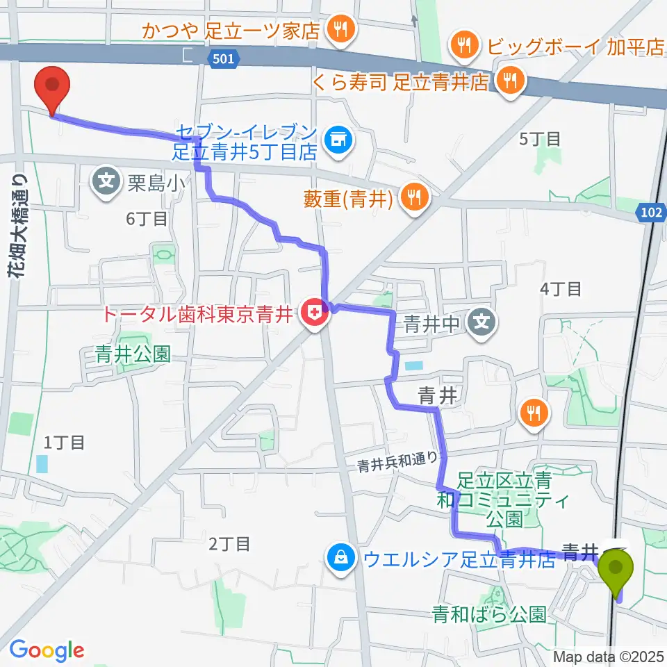 ラブピアノ教室の最寄駅青井駅からの徒歩ルート（約17分）地図