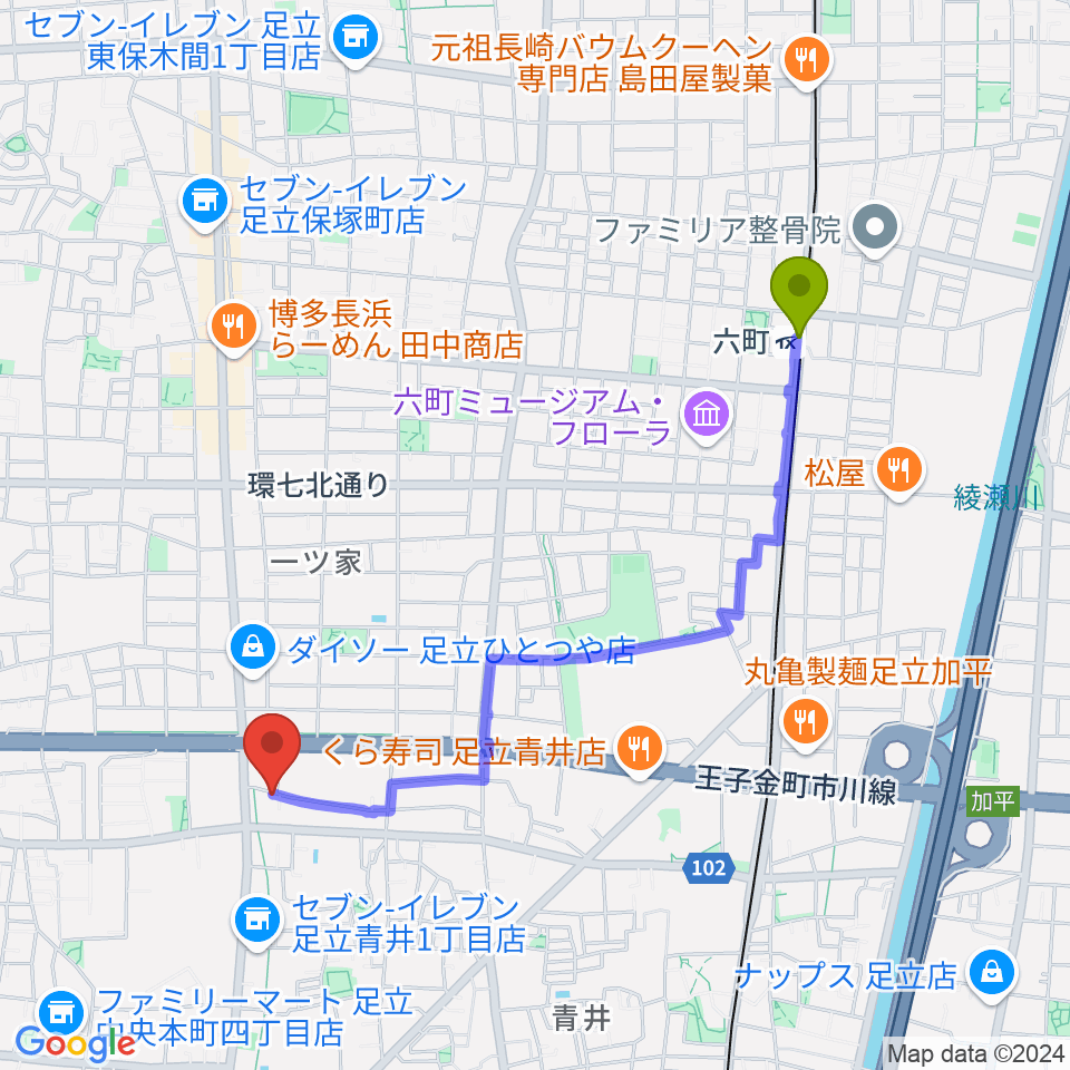 六町駅からラブピアノ教室へのルートマップ地図