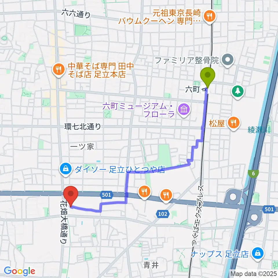 六町駅からラブピアノ教室へのルートマップ地図