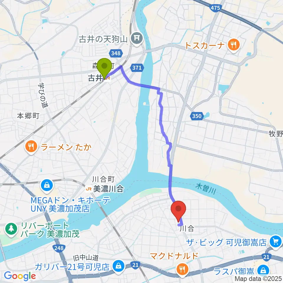 古井駅からSTUDIO BELLへのルートマップ地図