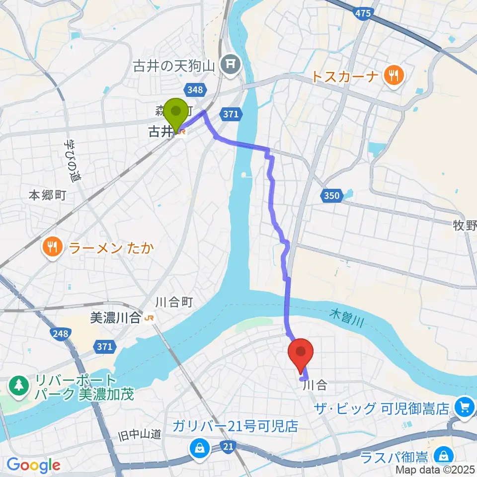 古井駅からSTUDIO BELLへのルートマップ地図