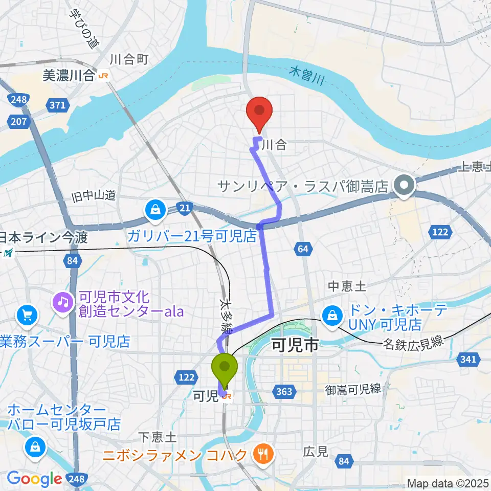 可児駅からSTUDIO BELLへのルートマップ地図