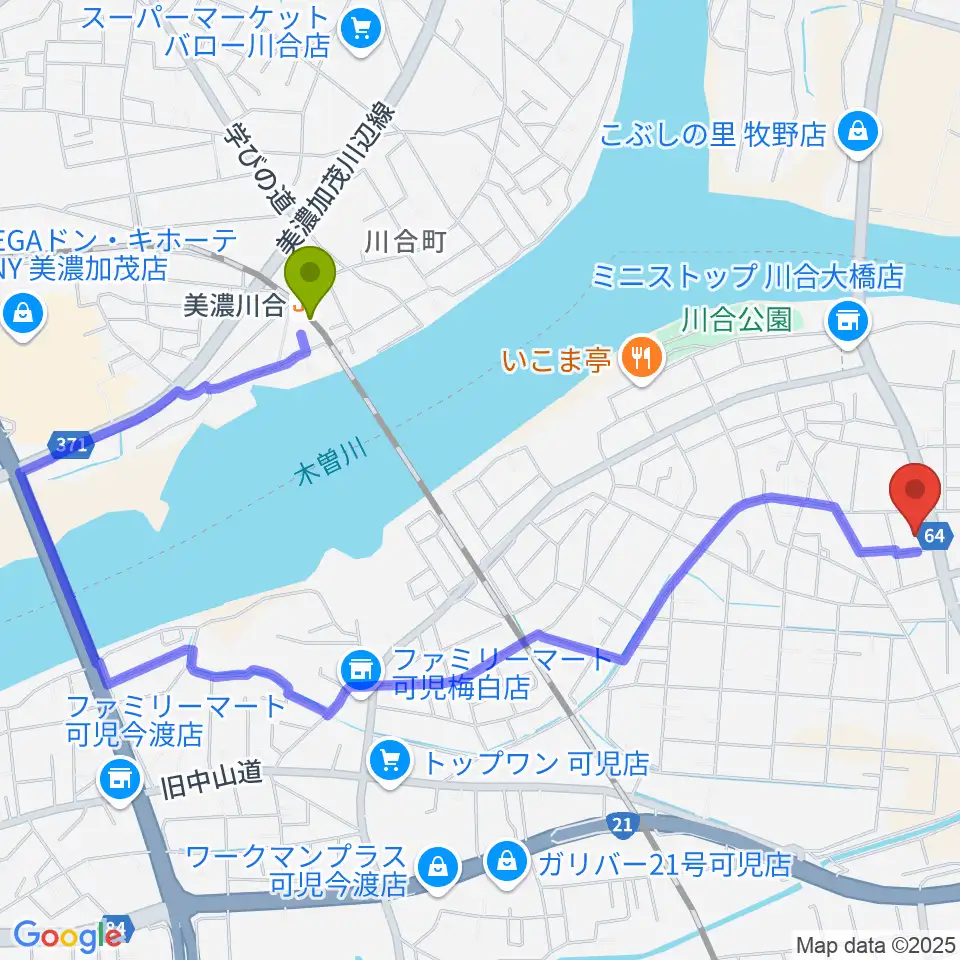 STUDIO BELLの最寄駅美濃川合駅からの徒歩ルート（約21分）地図