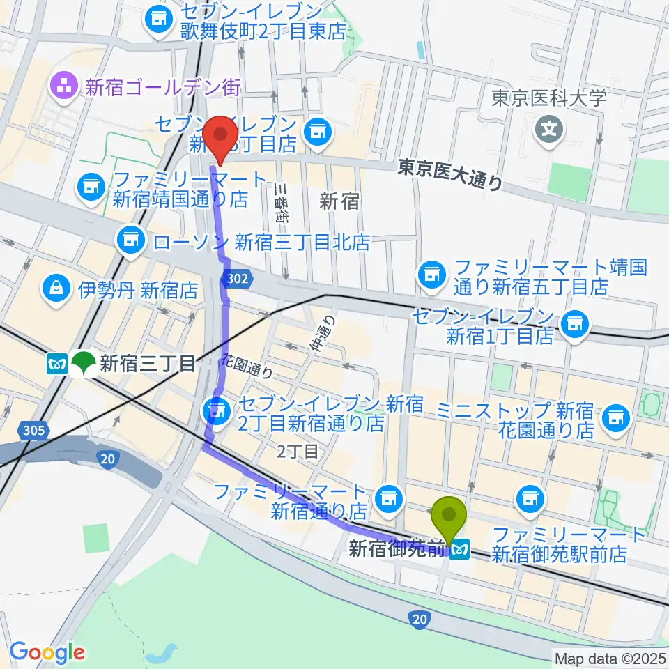 新宿御苑前駅から新宿SUNFACEへのルートマップ地図