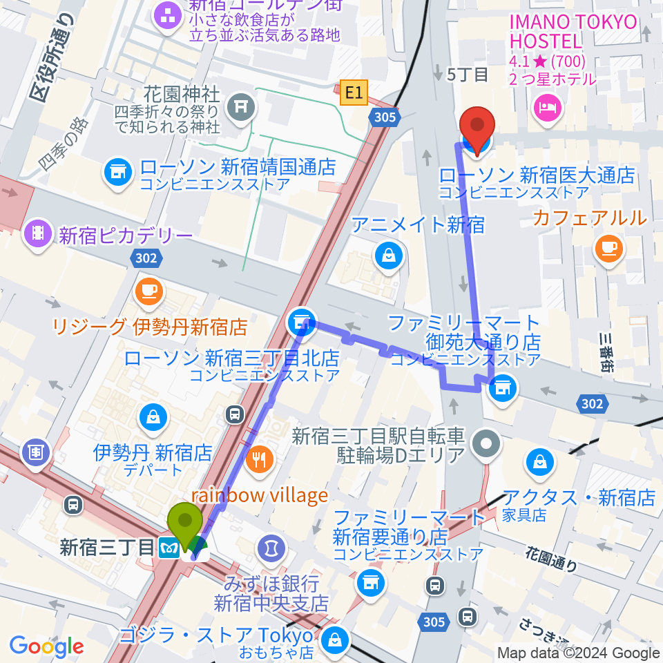 新宿SUNFACEの最寄駅新宿三丁目駅からの徒歩ルート（約6分）地図