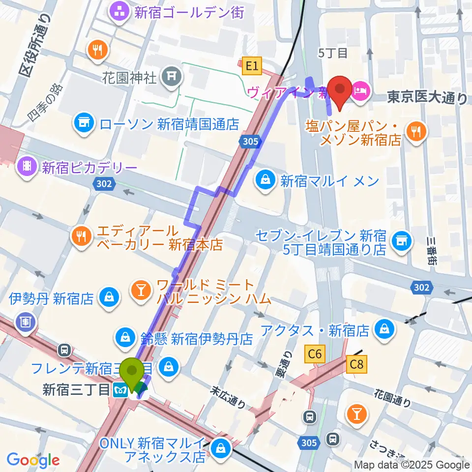 新宿SUNFACEの最寄駅新宿三丁目駅からの徒歩ルート（約6分）地図
