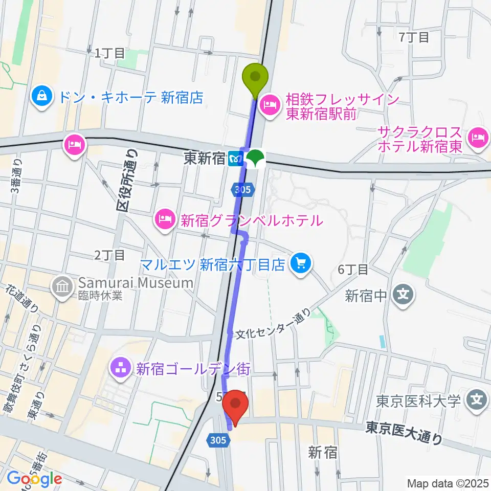 東新宿駅から新宿SUNFACEへのルートマップ地図