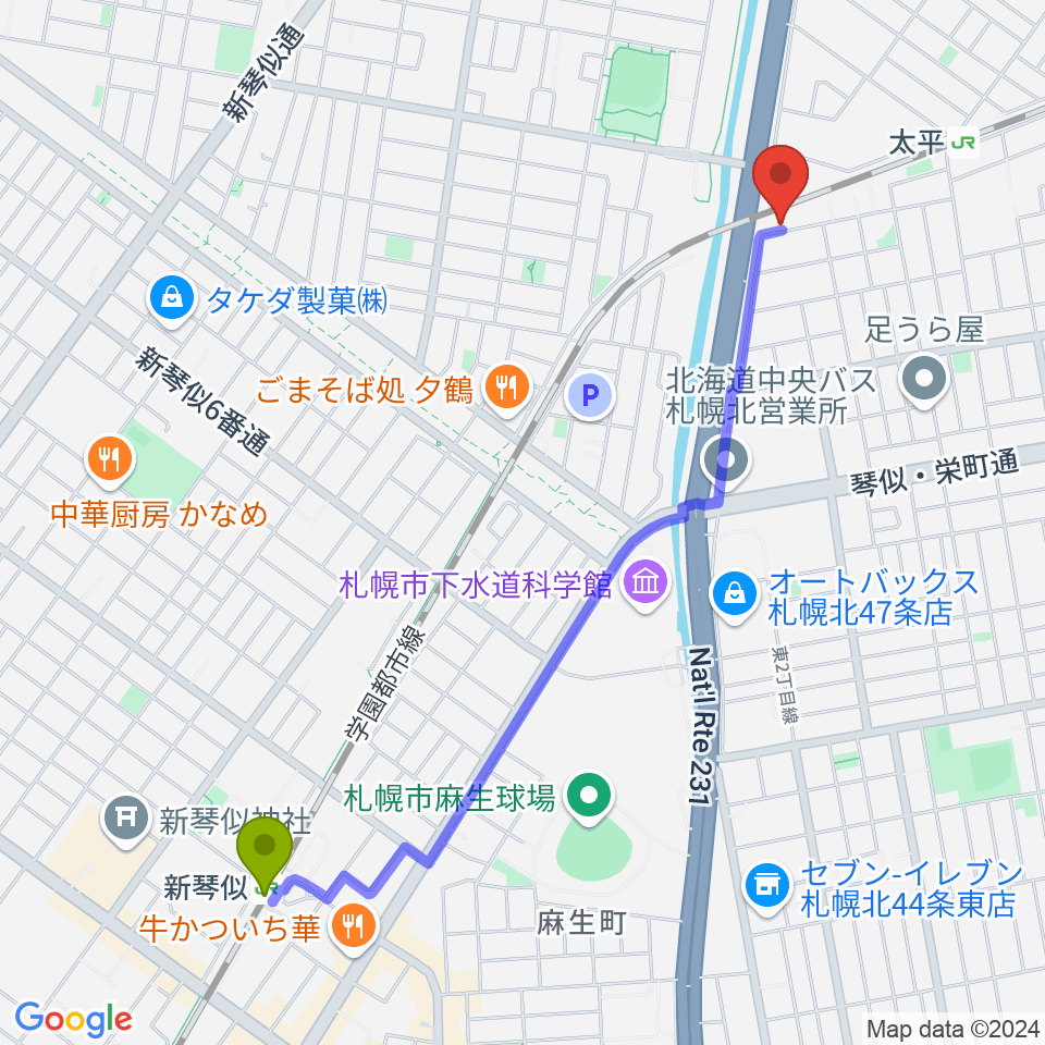 新琴似駅からCAT WORKSへのルートマップ地図