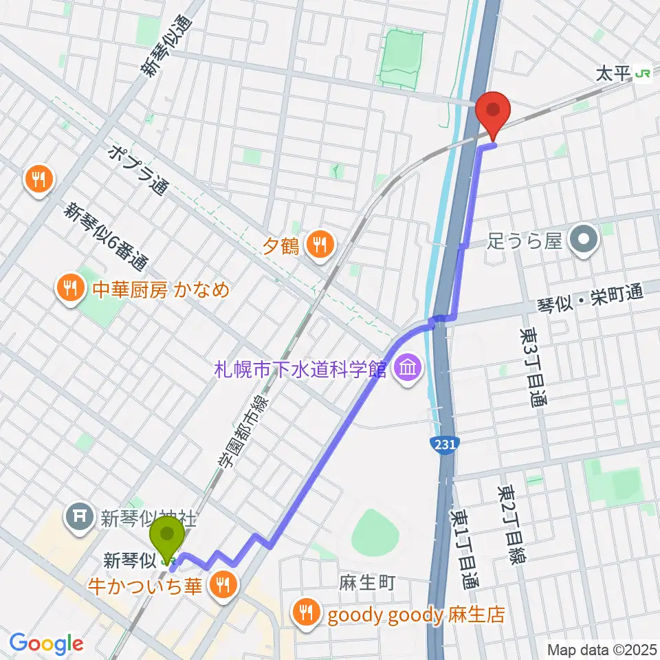 新琴似駅からCAT WORKSへのルートマップ地図