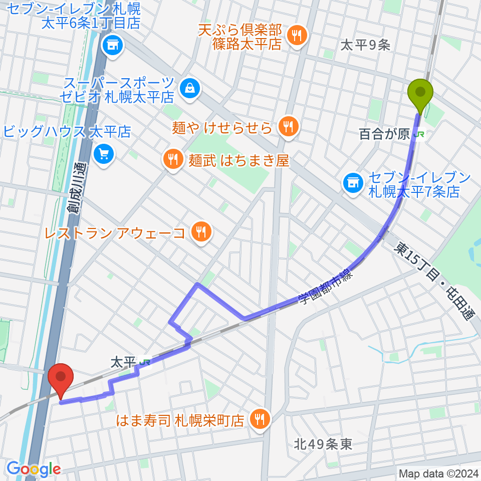 百合が原駅からCAT WORKSへのルートマップ地図