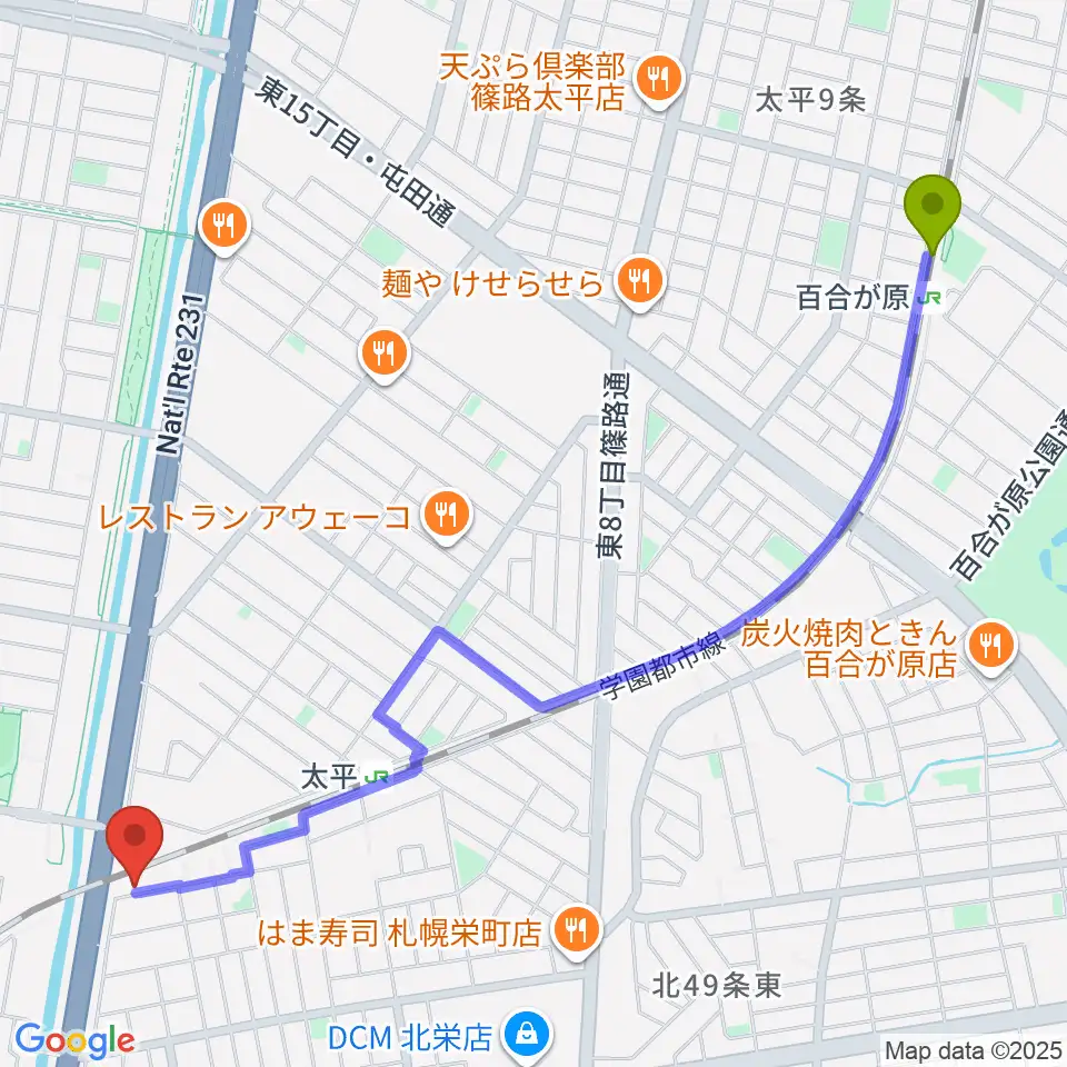 百合が原駅からCAT WORKSへのルートマップ地図