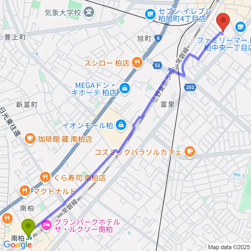 南柏駅から柏616&04へのルートマップ地図