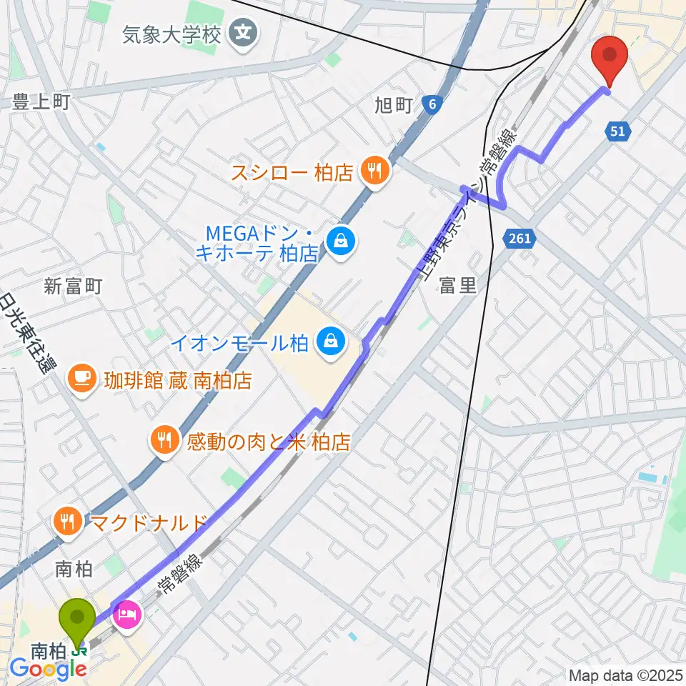 南柏駅から柏616&04へのルートマップ地図