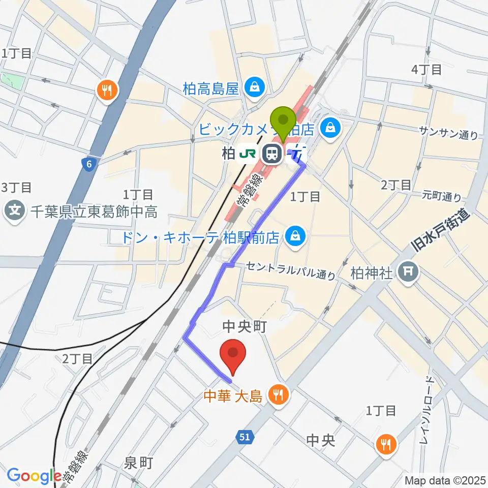 柏616&04の最寄駅柏駅からの徒歩ルート（約8分）地図