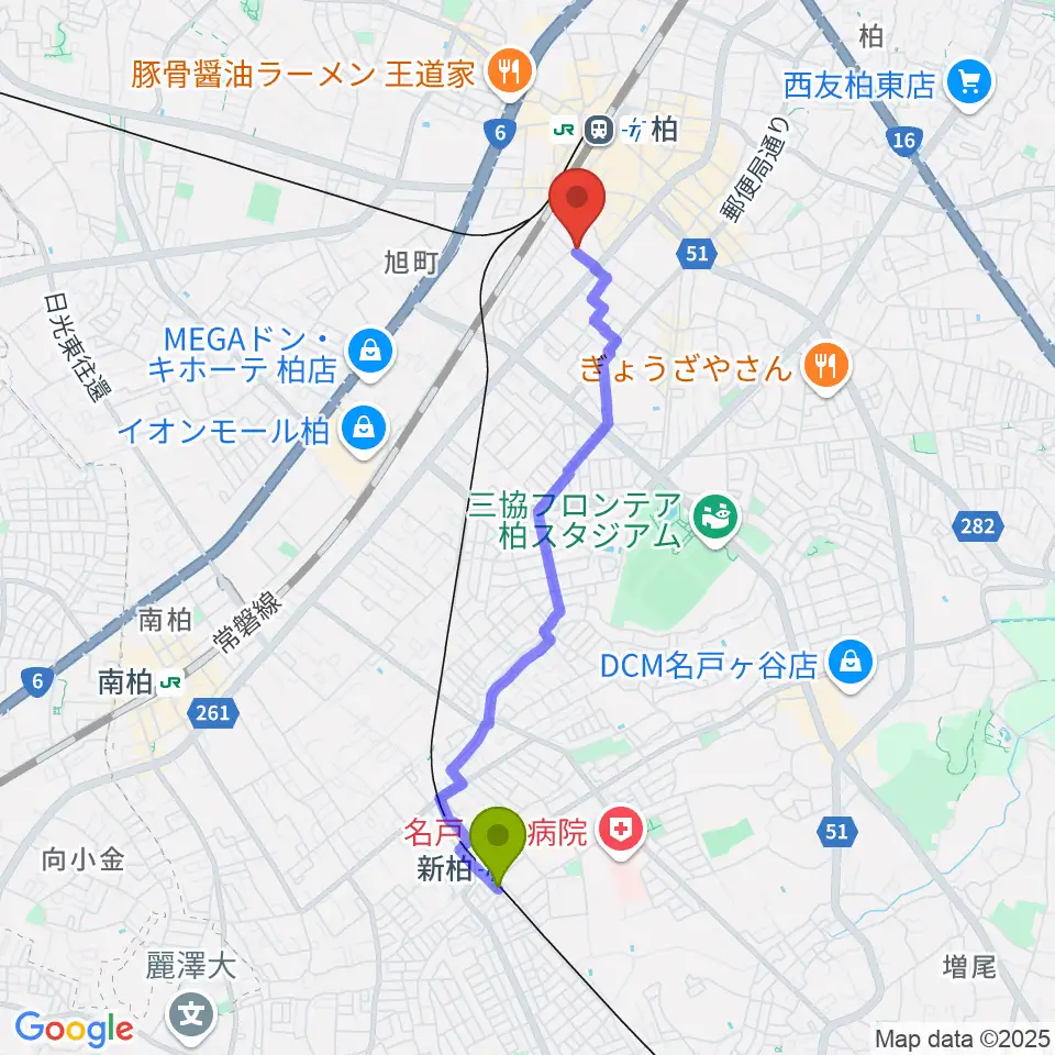 新柏駅から柏616&04へのルートマップ地図