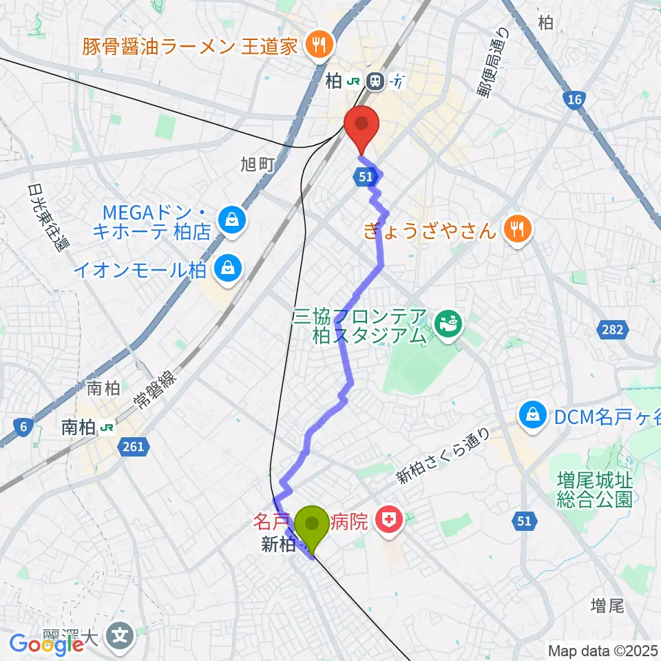新柏駅から柏616&04へのルートマップ地図