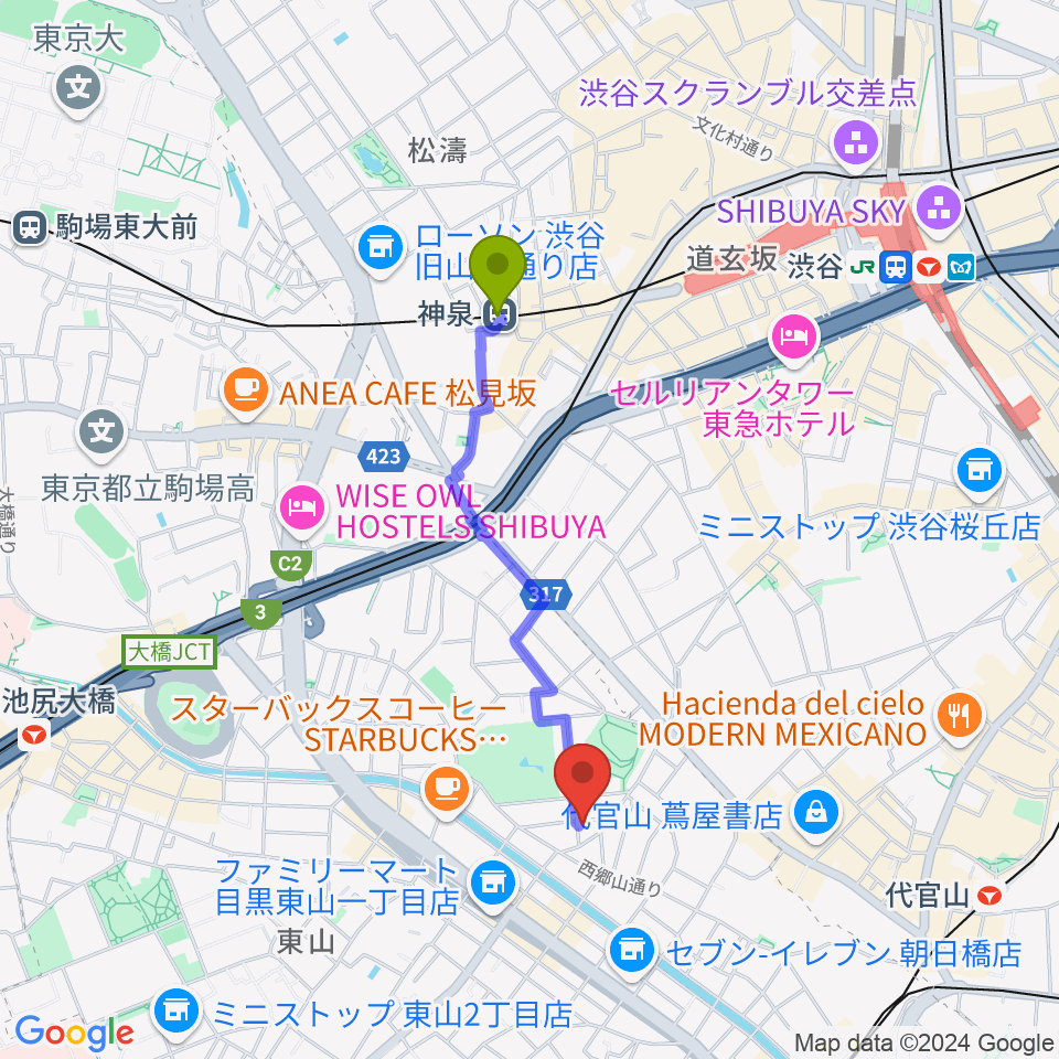 神泉駅からいろは音楽教室へのルートマップ地図