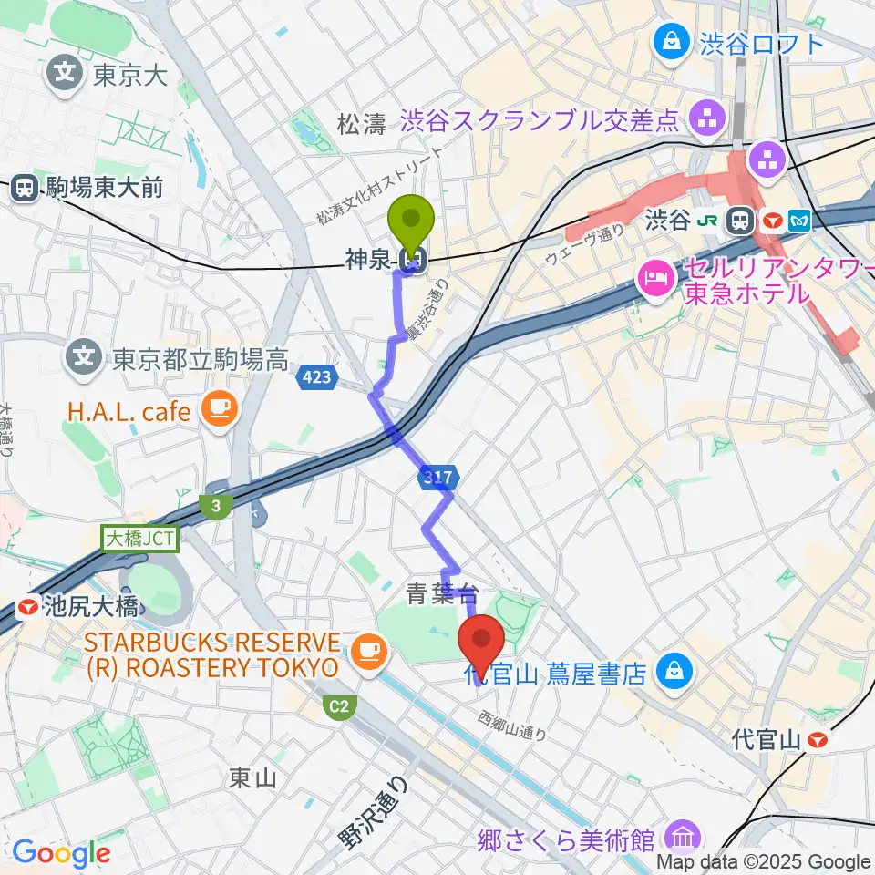 神泉駅からいろは音楽教室へのルートマップ地図