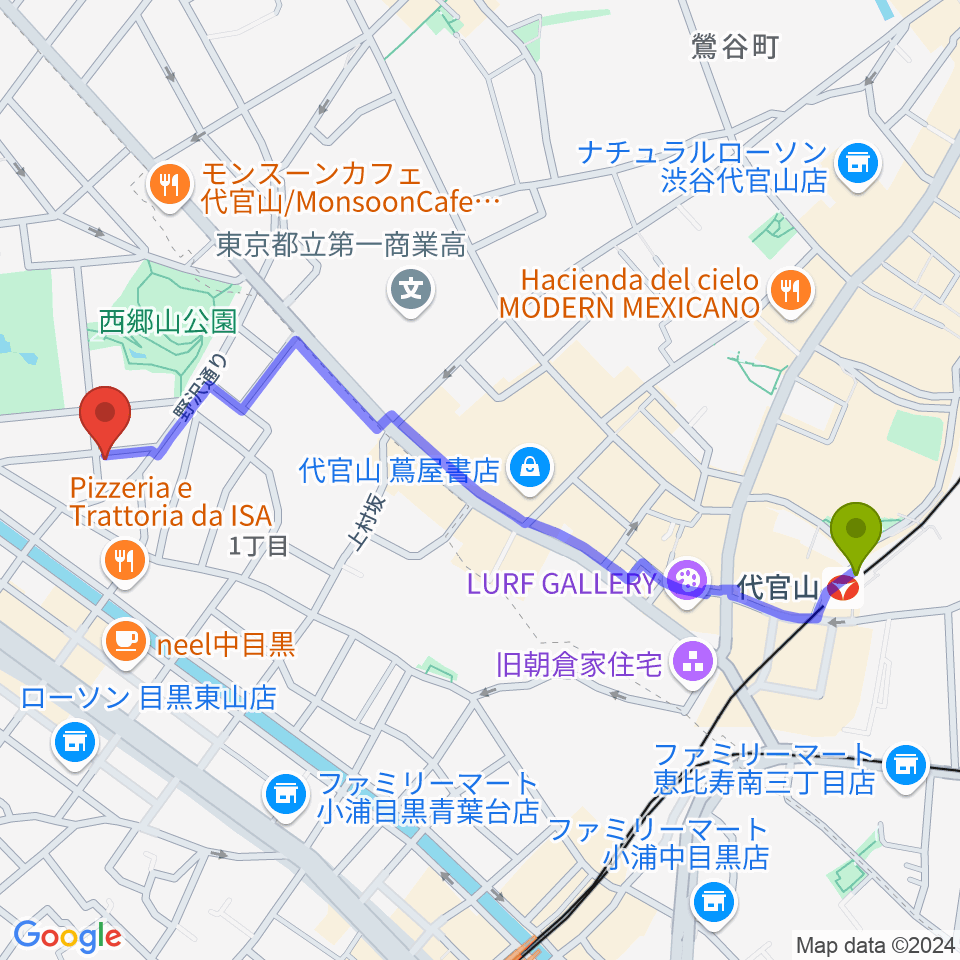 代官山駅からいろは音楽教室へのルートマップ地図