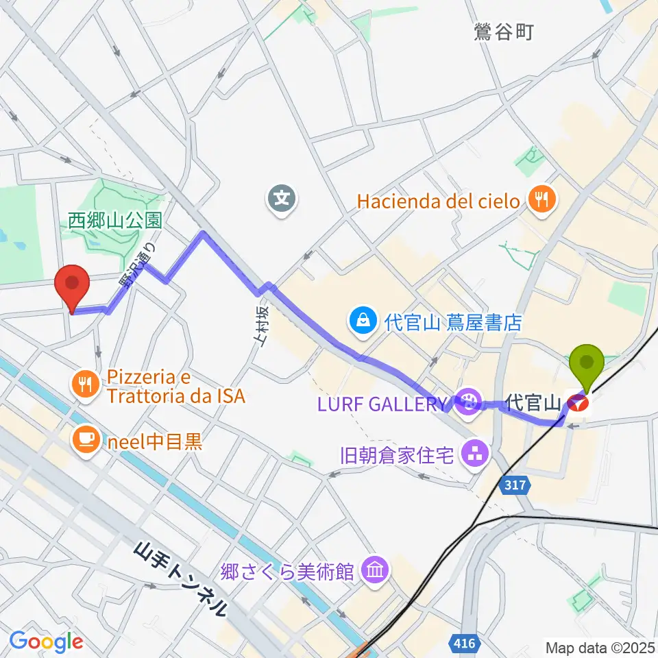 代官山駅からいろは音楽教室へのルートマップ地図