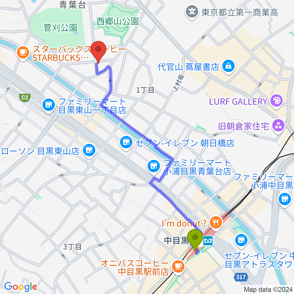 いろは音楽教室の最寄駅中目黒駅からの徒歩ルート（約11分）地図