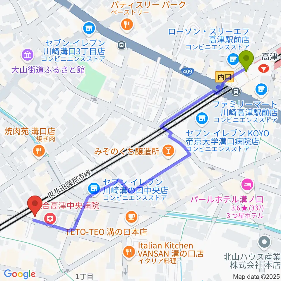 高津駅からスタジオアズ(Studio-az)へのルートマップ地図