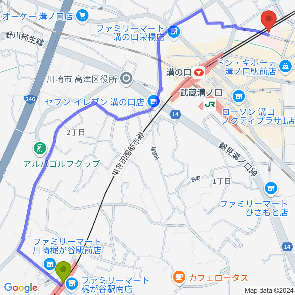 梶が谷駅からスタジオアズ(Studio-az)へのルートマップ地図