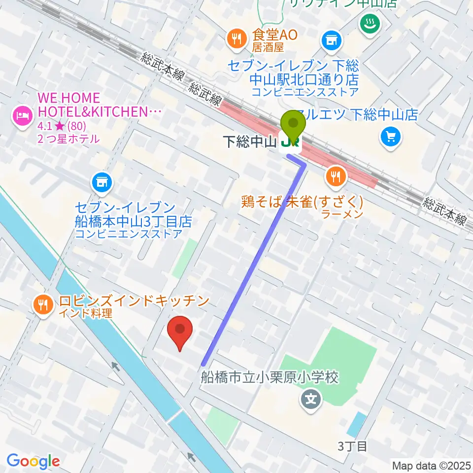 塩屋音楽教室の最寄駅下総中山駅からの徒歩ルート（約4分）地図