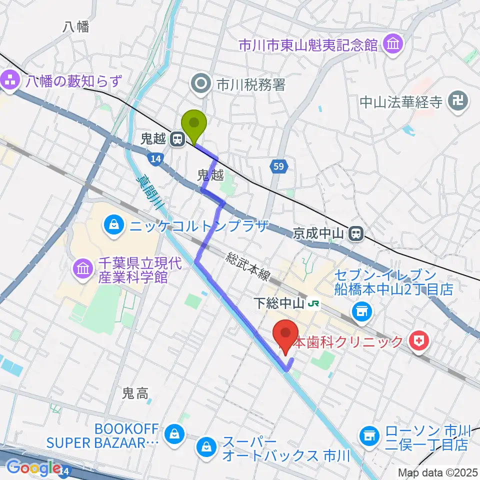 鬼越駅から塩屋音楽教室へのルートマップ地図