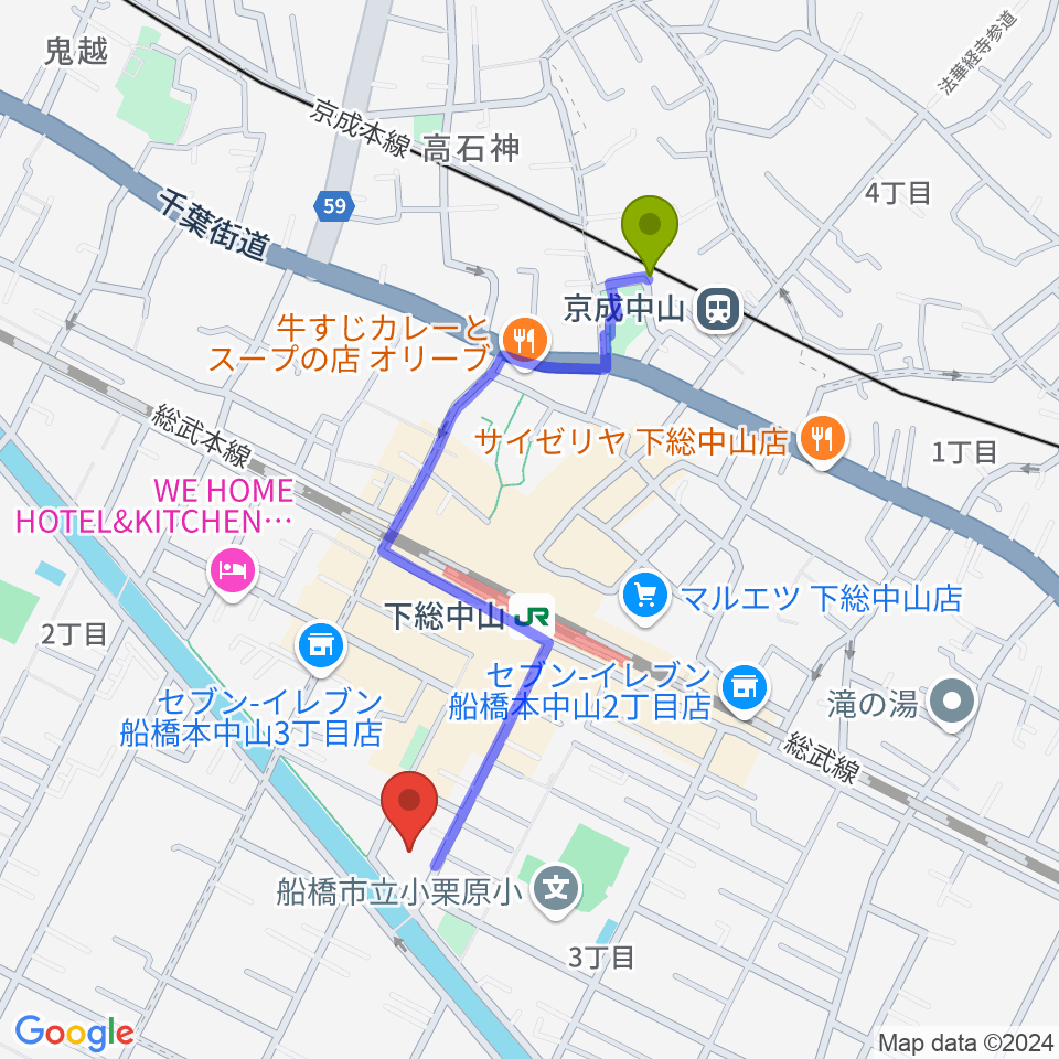 京成中山駅から塩屋音楽教室へのルートマップ地図