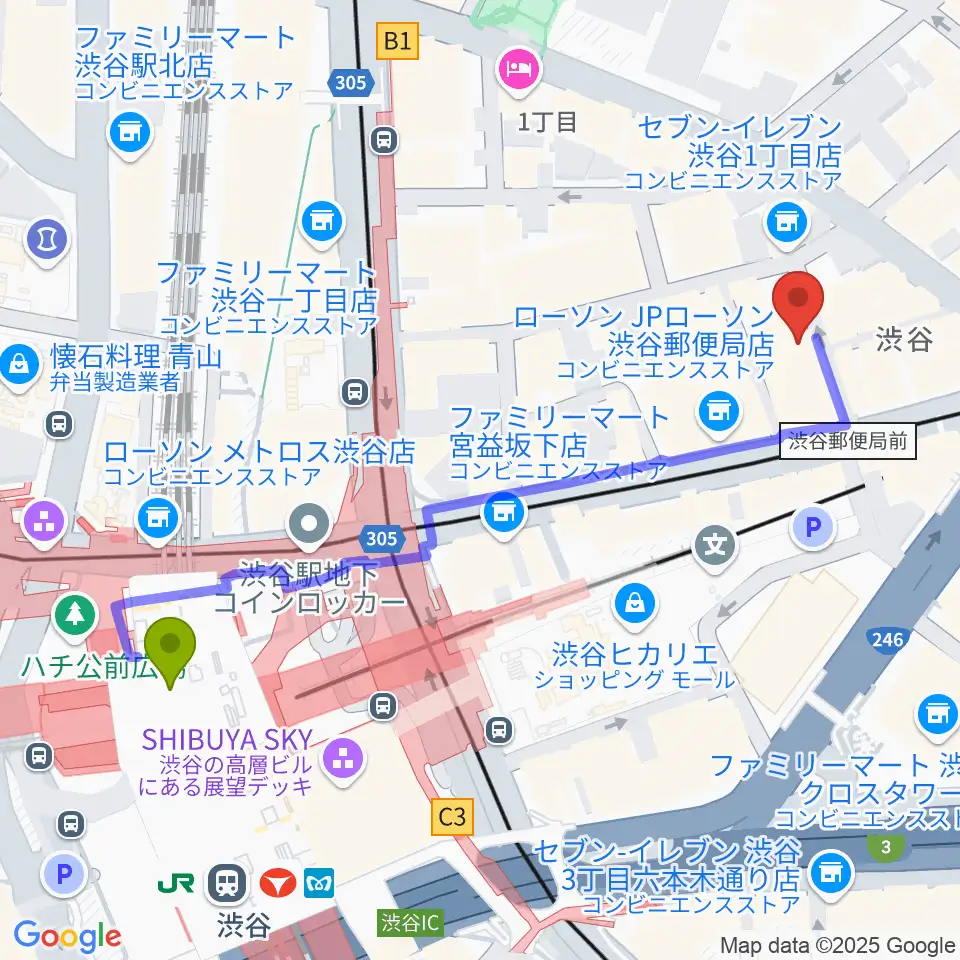 ヴォイスレッスンジャスの最寄駅渋谷駅からの徒歩ルート（約6分）地図