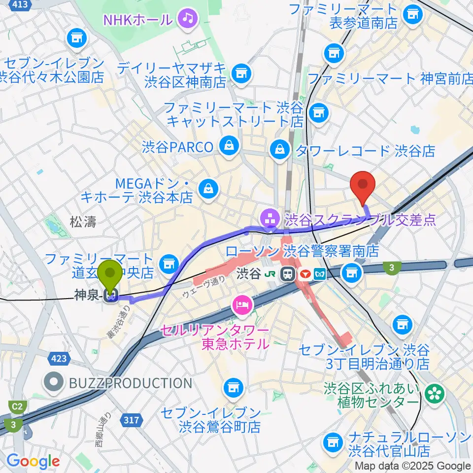 神泉駅からヴォイスレッスンジャスへのルートマップ地図