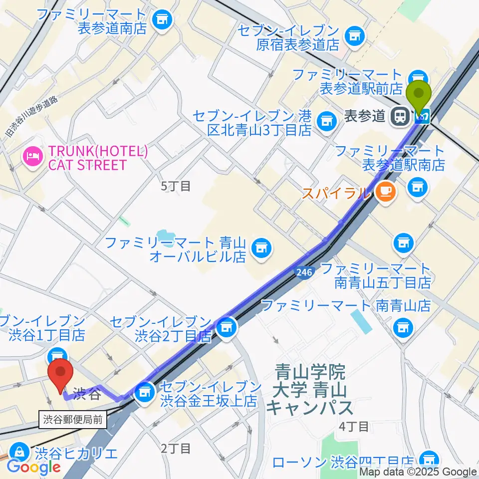 表参道駅からヴォイスレッスンジャスへのルートマップ地図