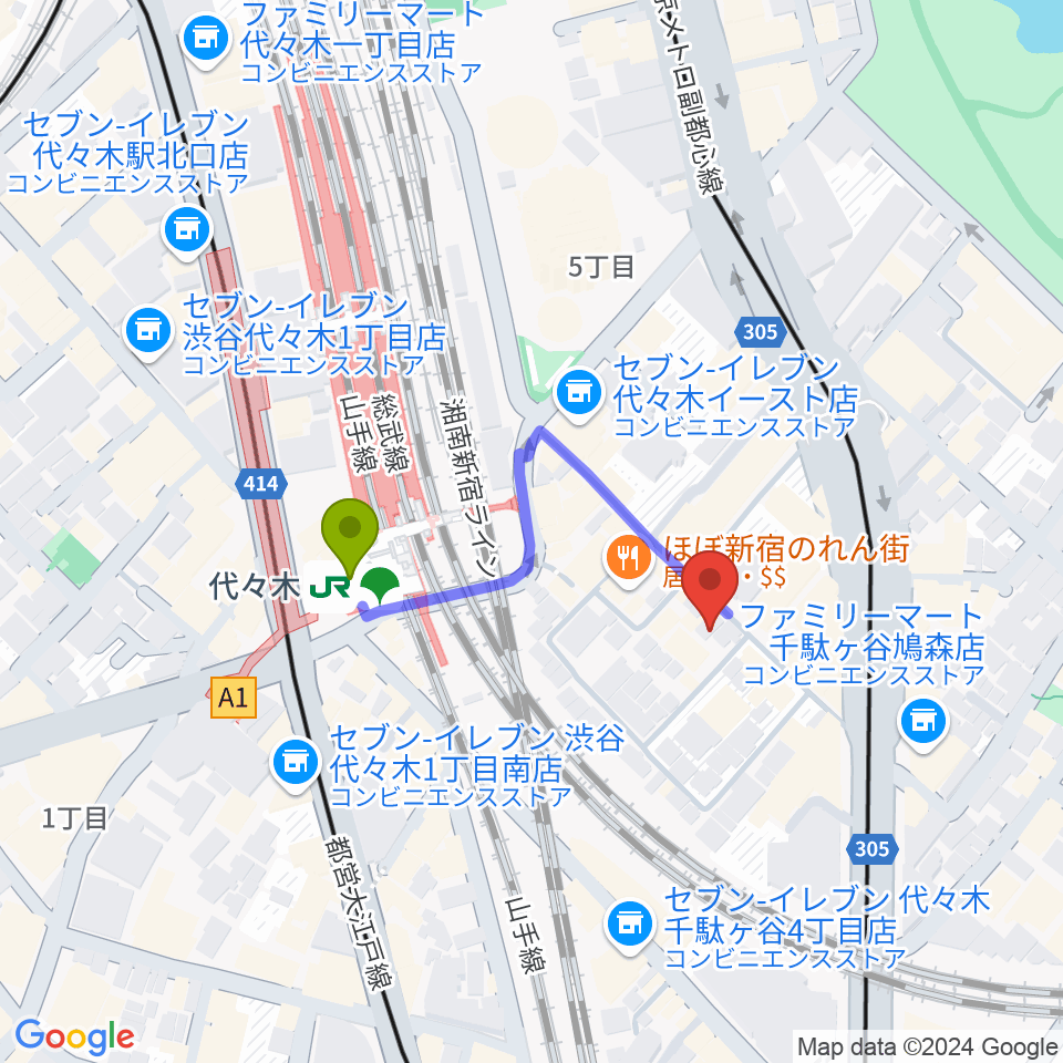 ブレスヴォイストレーニング研究所の最寄駅代々木駅からの徒歩ルート（約3分）地図