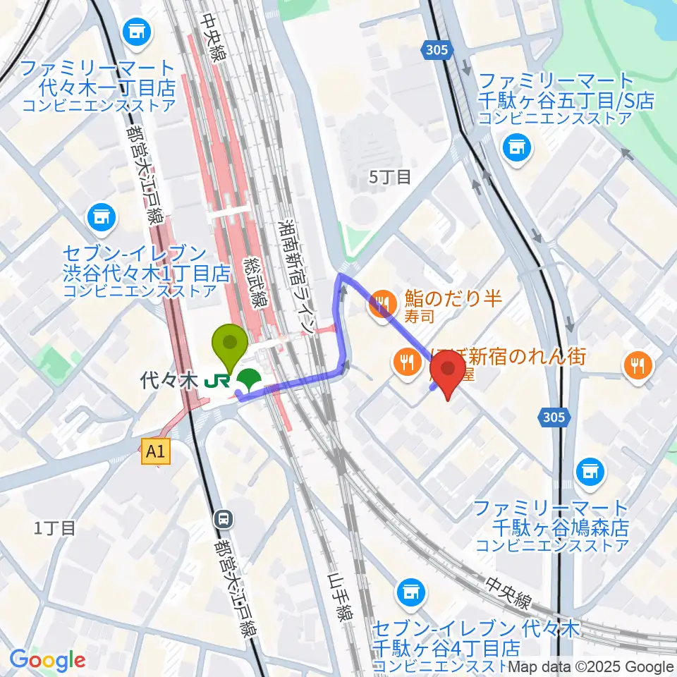 ブレスヴォイストレーニング研究所の最寄駅代々木駅からの徒歩ルート（約3分）地図