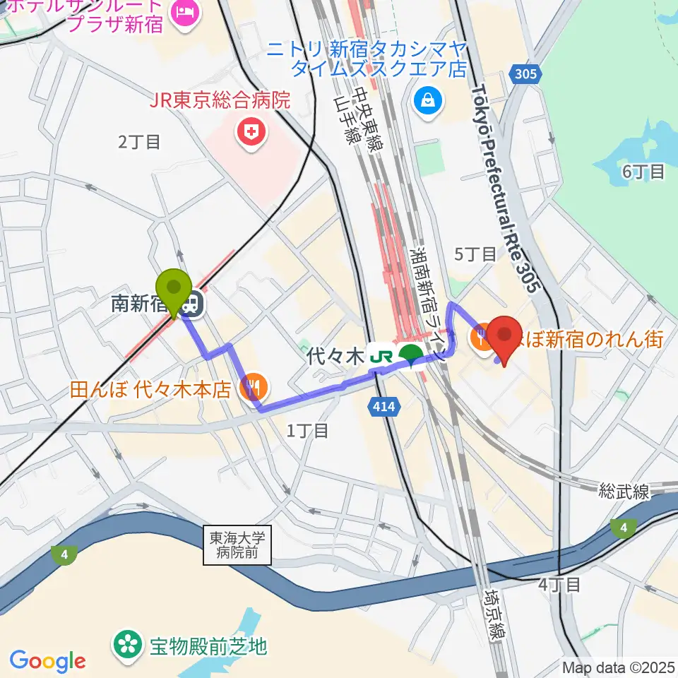 南新宿駅からブレスヴォイストレーニング研究所へのルートマップ地図