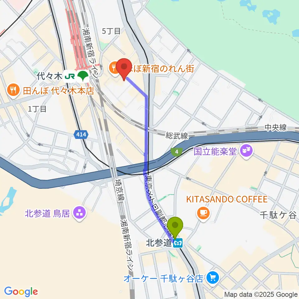 北参道駅からブレスヴォイストレーニング研究所へのルートマップ地図