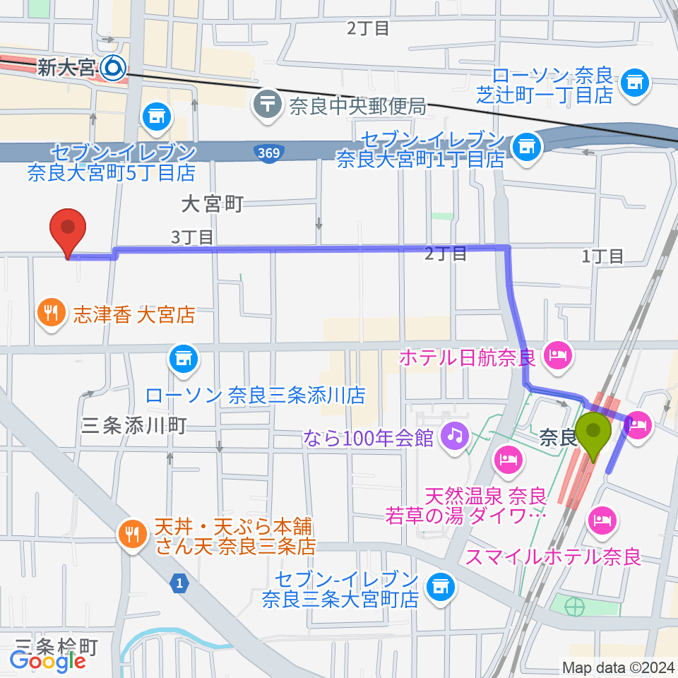 奈良駅から新大宮G5へのルートマップ地図