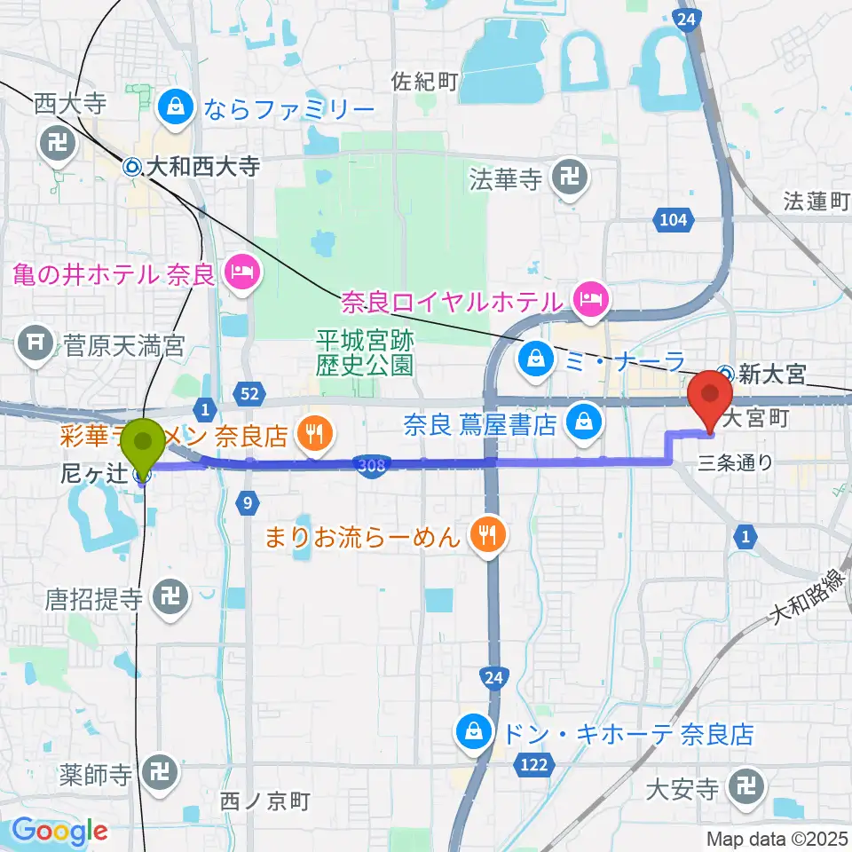尼ヶ辻駅から新大宮G5へのルートマップ地図