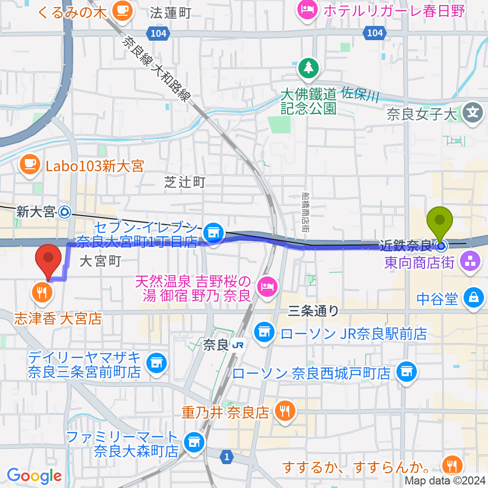 近鉄奈良駅から新大宮G5へのルートマップ地図