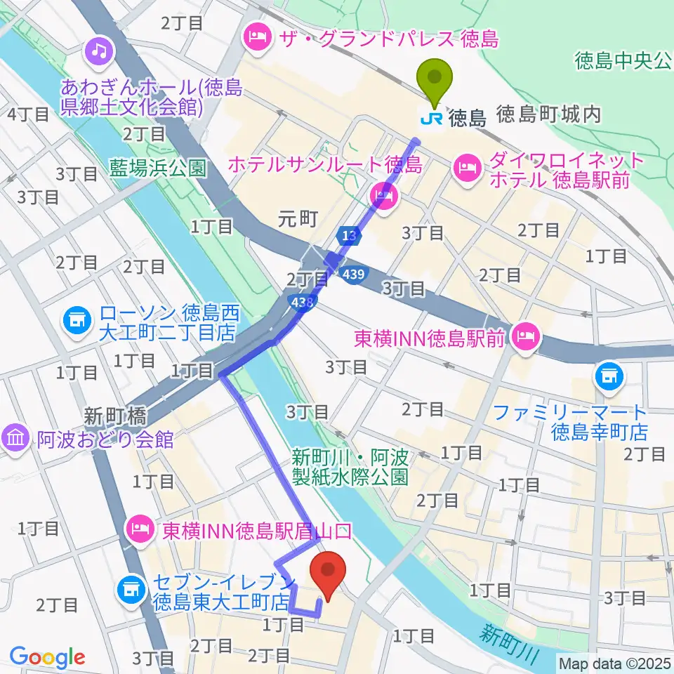 徳島CROWBARの最寄駅徳島駅からの徒歩ルート（約12分）地図