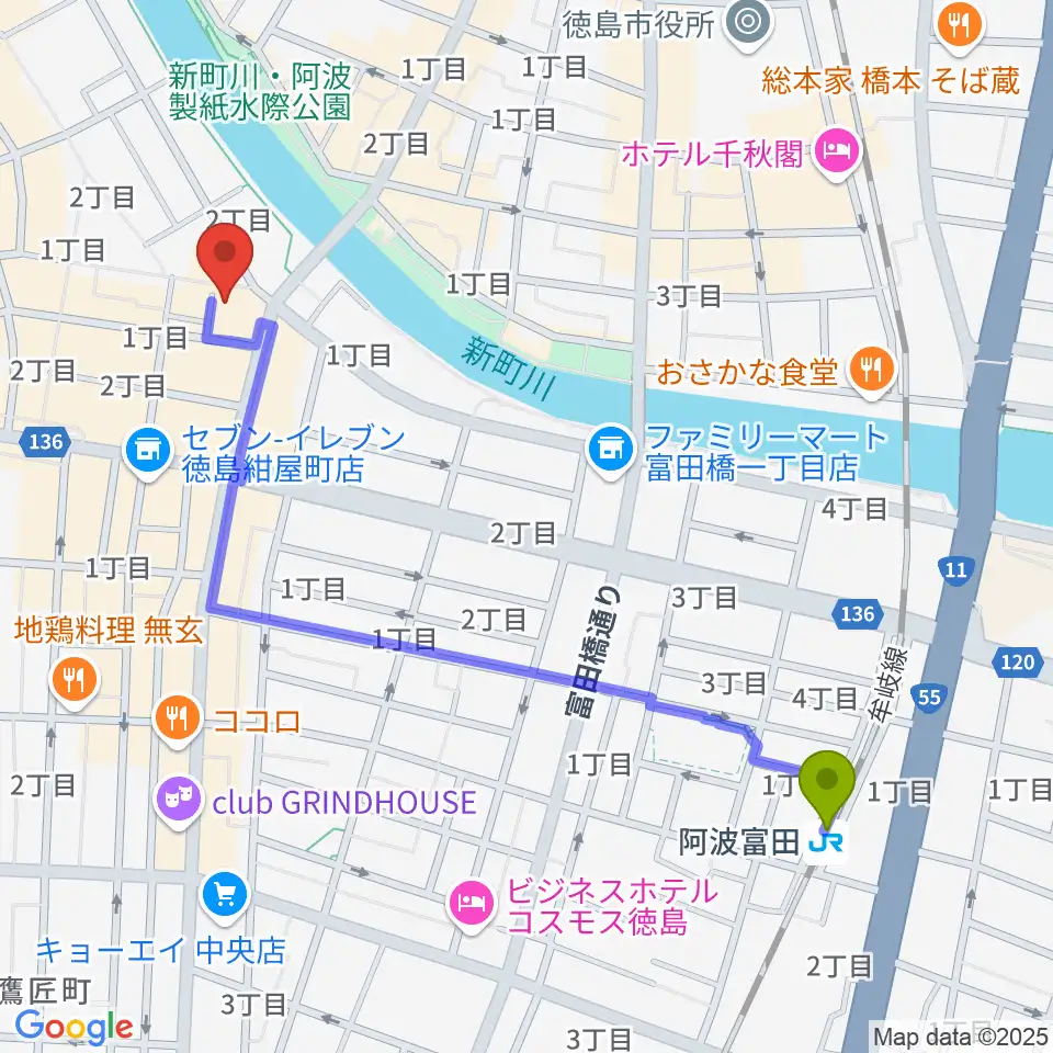 阿波富田駅から徳島CROWBARへのルートマップ地図