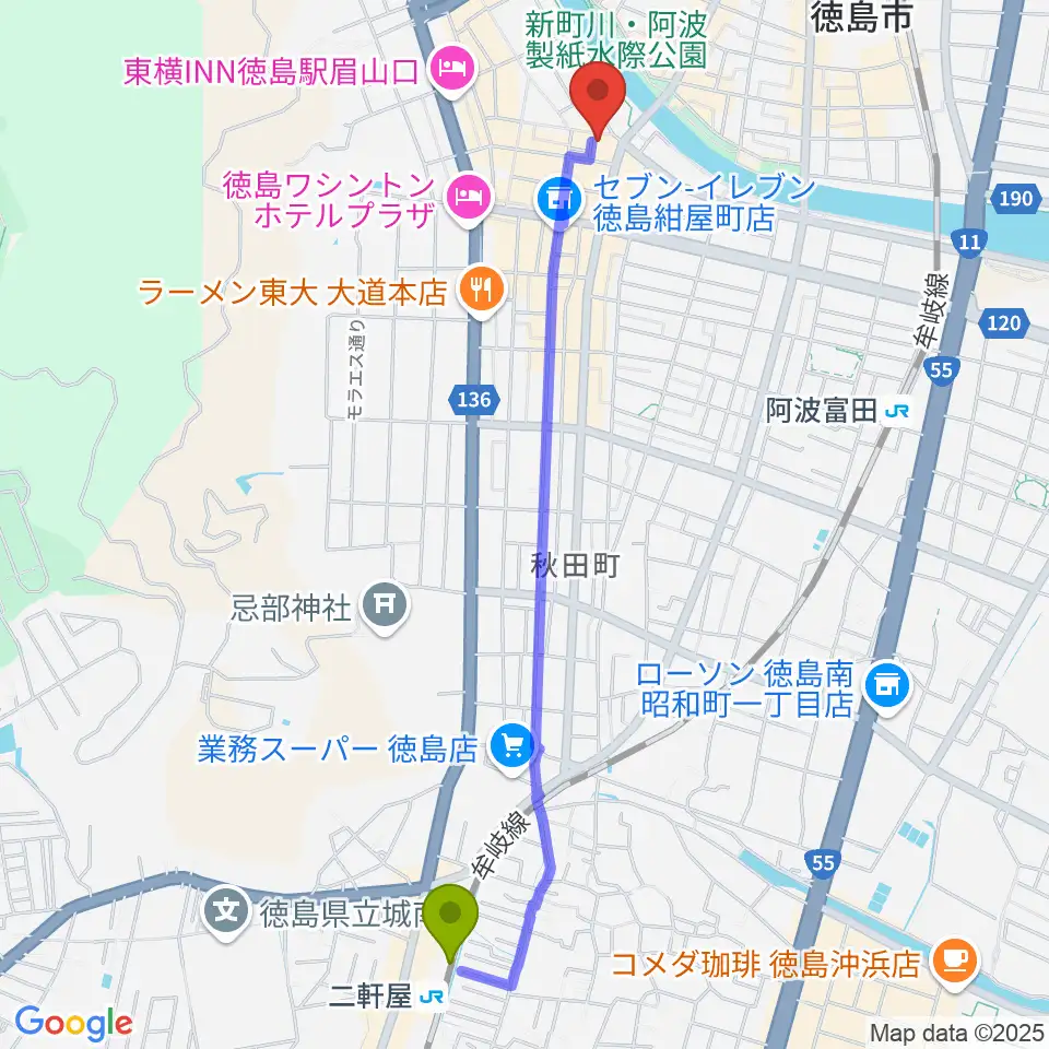 二軒屋駅から徳島CROWBARへのルートマップ地図